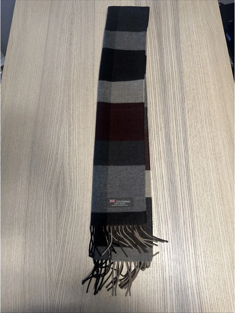 100% Cashmere Scarf Plaid Made in Scotland Gray Maroon Herringbone Fringe